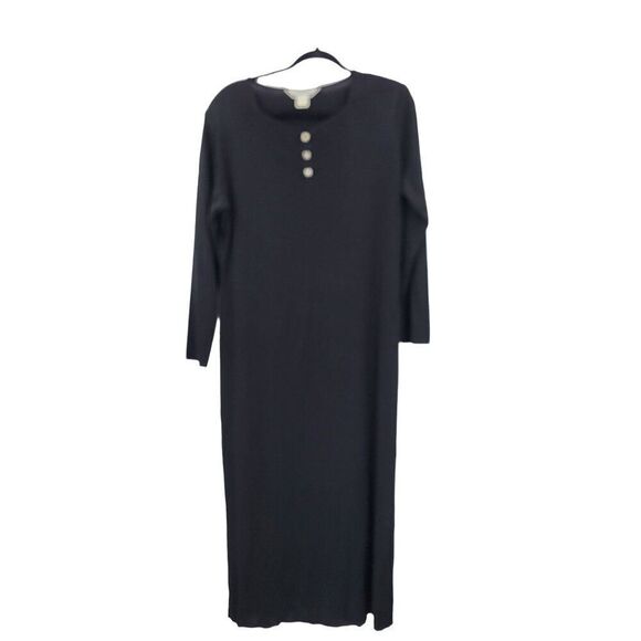 Vintage 80s Misook Black Knit Maxi Dress Rhinestone Buttons XL Modest Lagenlook - Picture 13 of 13